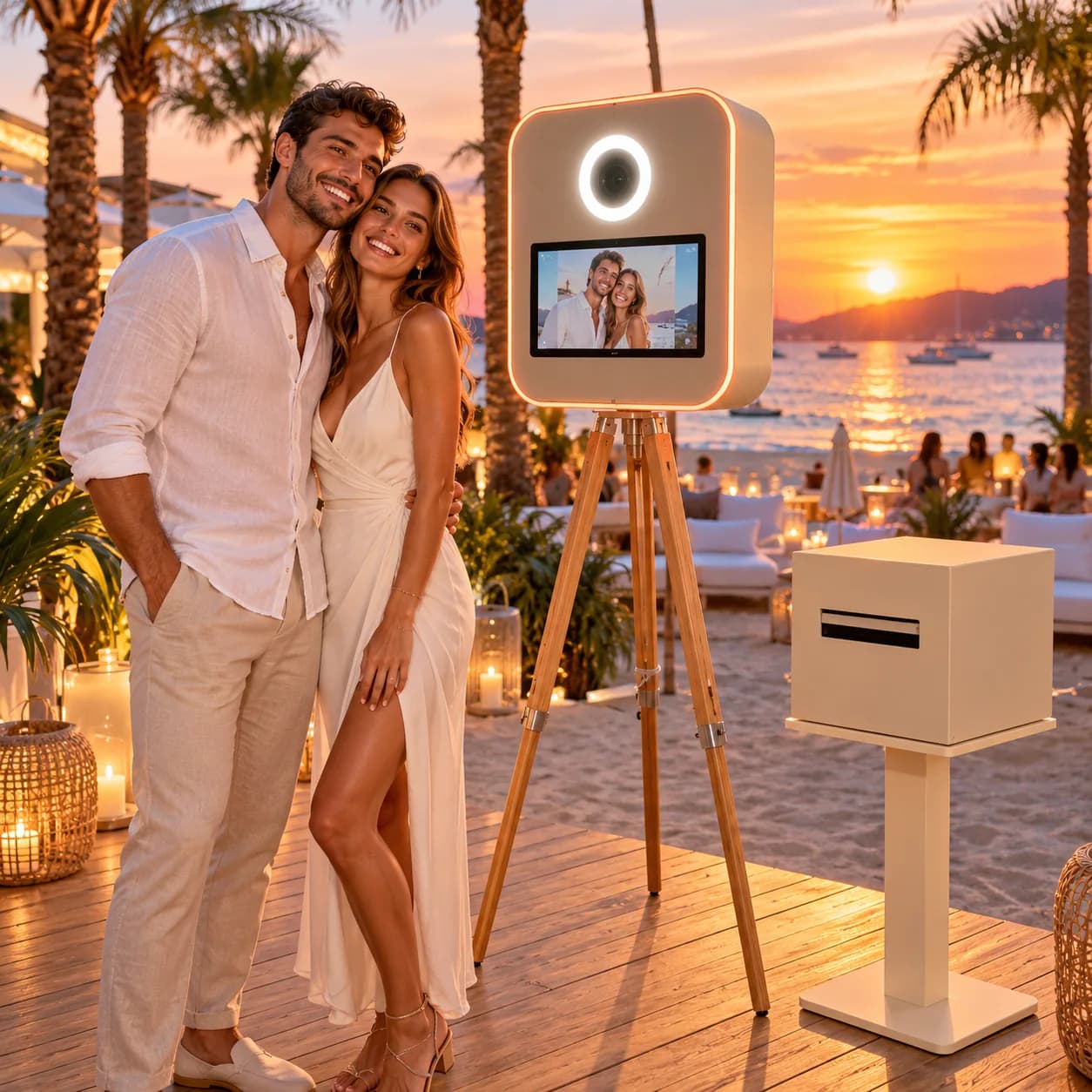 Photobooth dans un beach club au coucher du soleil