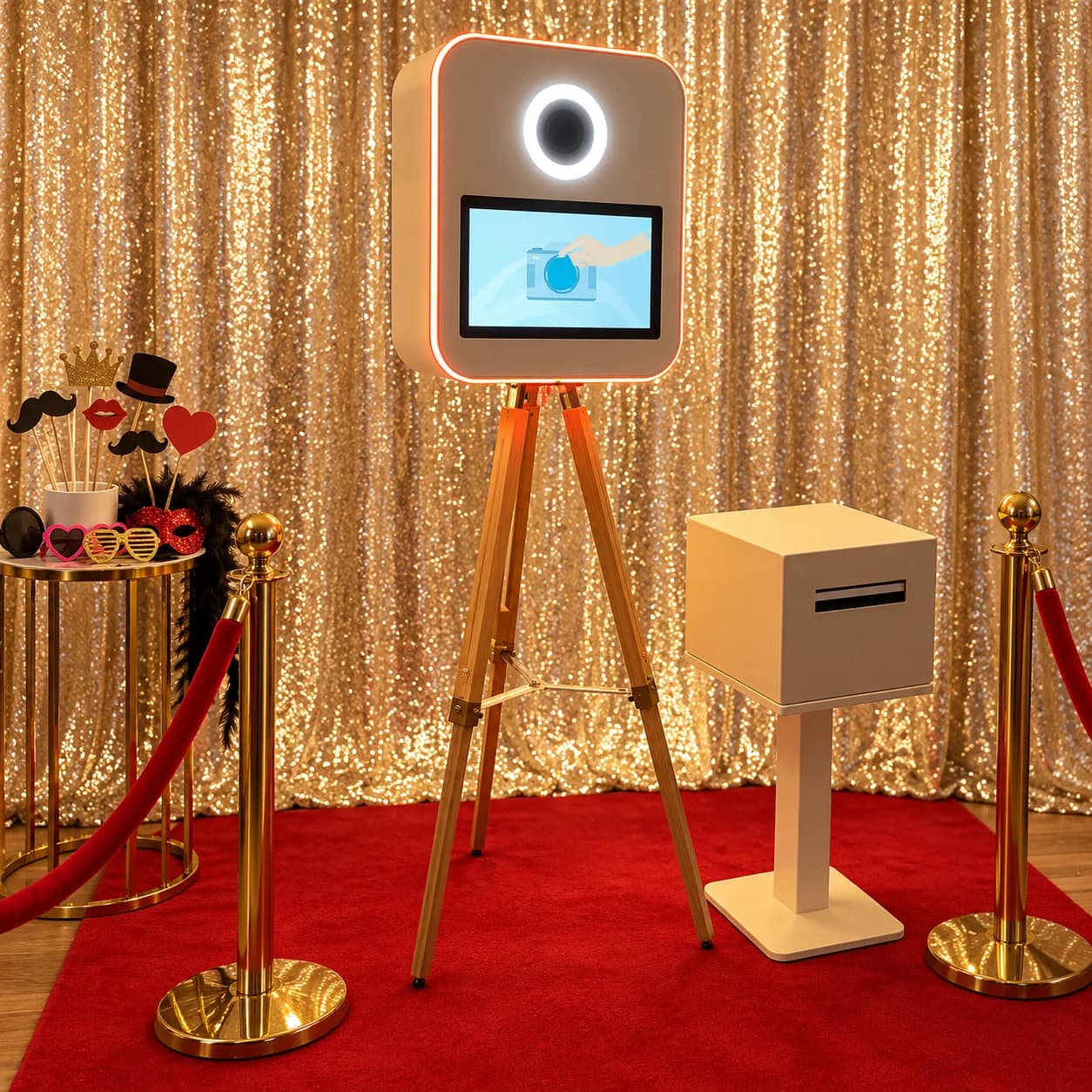 La borne FlashBooth 06 installée avec tapis rouge et accessoires