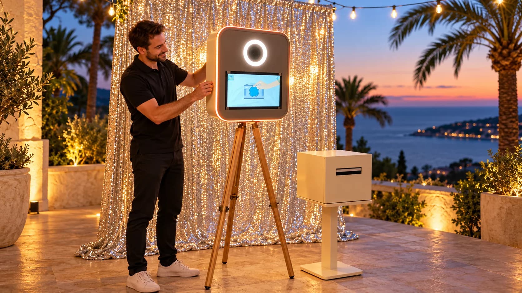 Installation du photobooth sur une terrasse face à la mer