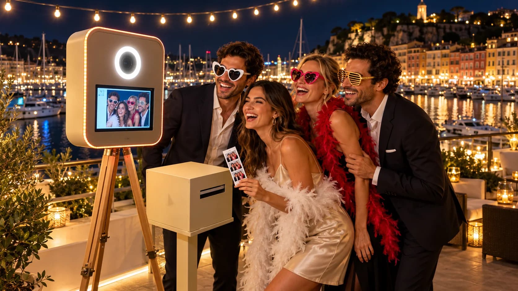 Invités qui rient devant le photobooth sur un rooftop à Nice